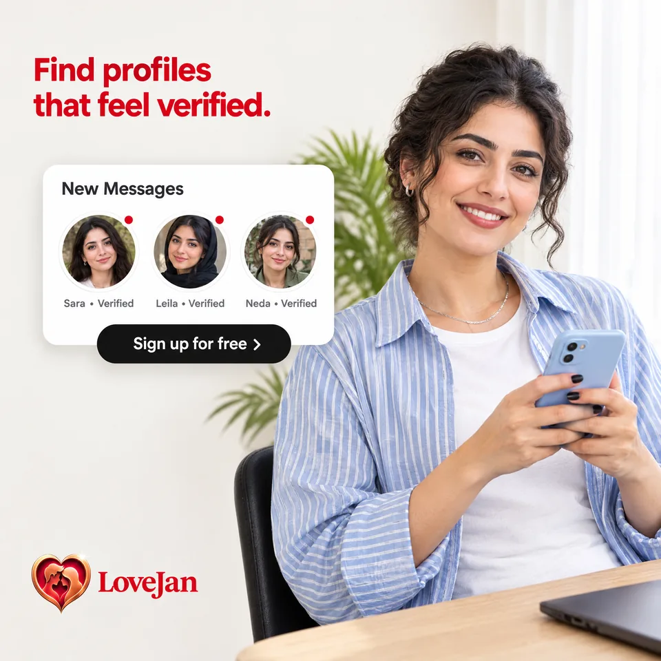 A smiling woman with dark curly hair sits at a desk holding her phone. Text on the picture: “Find profiles that feel verified.” Beside her, a LoveJan card shows new messages from Sara, Leila and Neda, each marked Verified.