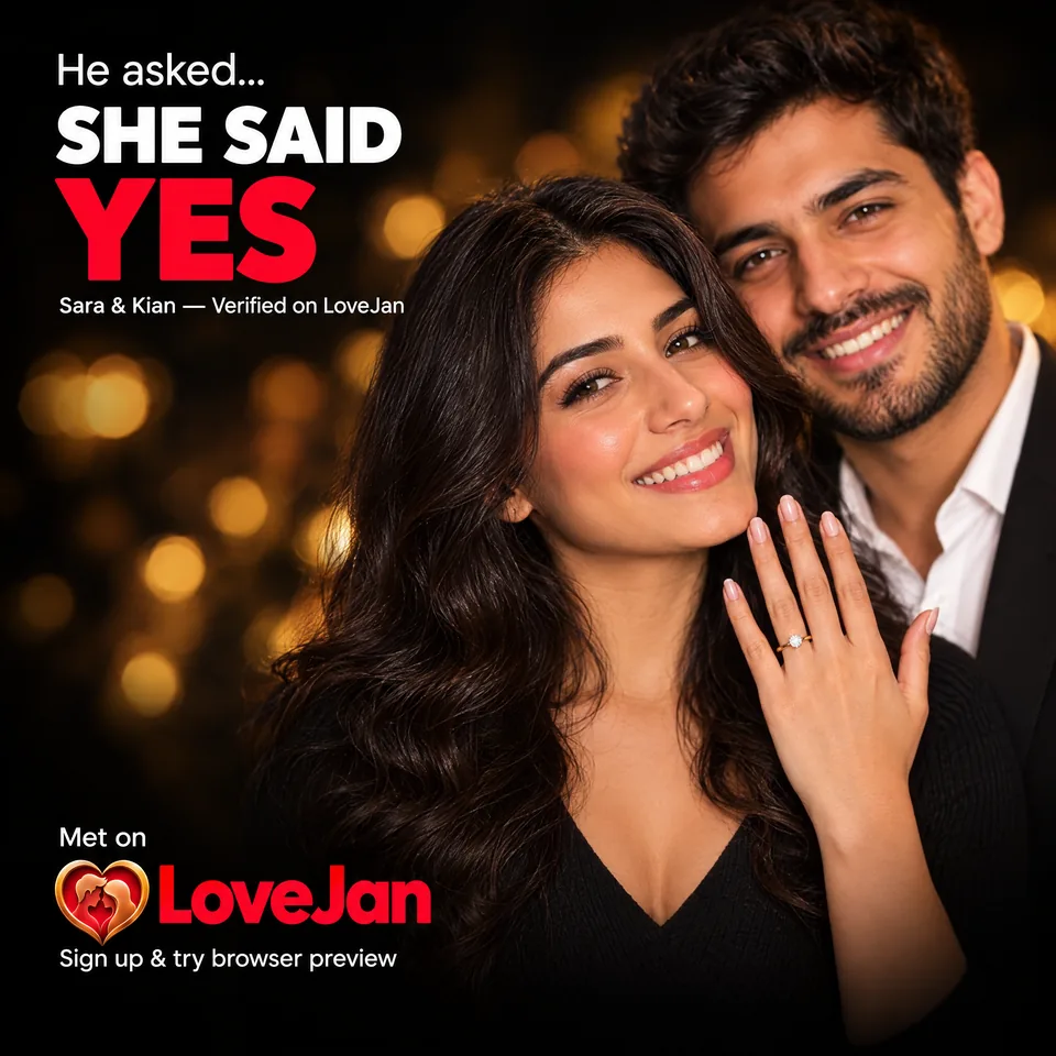 A newly engaged couple smile cheek to cheek as she holds up her ring. Text on the picture: “He asked… She said yes. Sara & Kian — Verified on LoveJan. Met on LoveJan.”